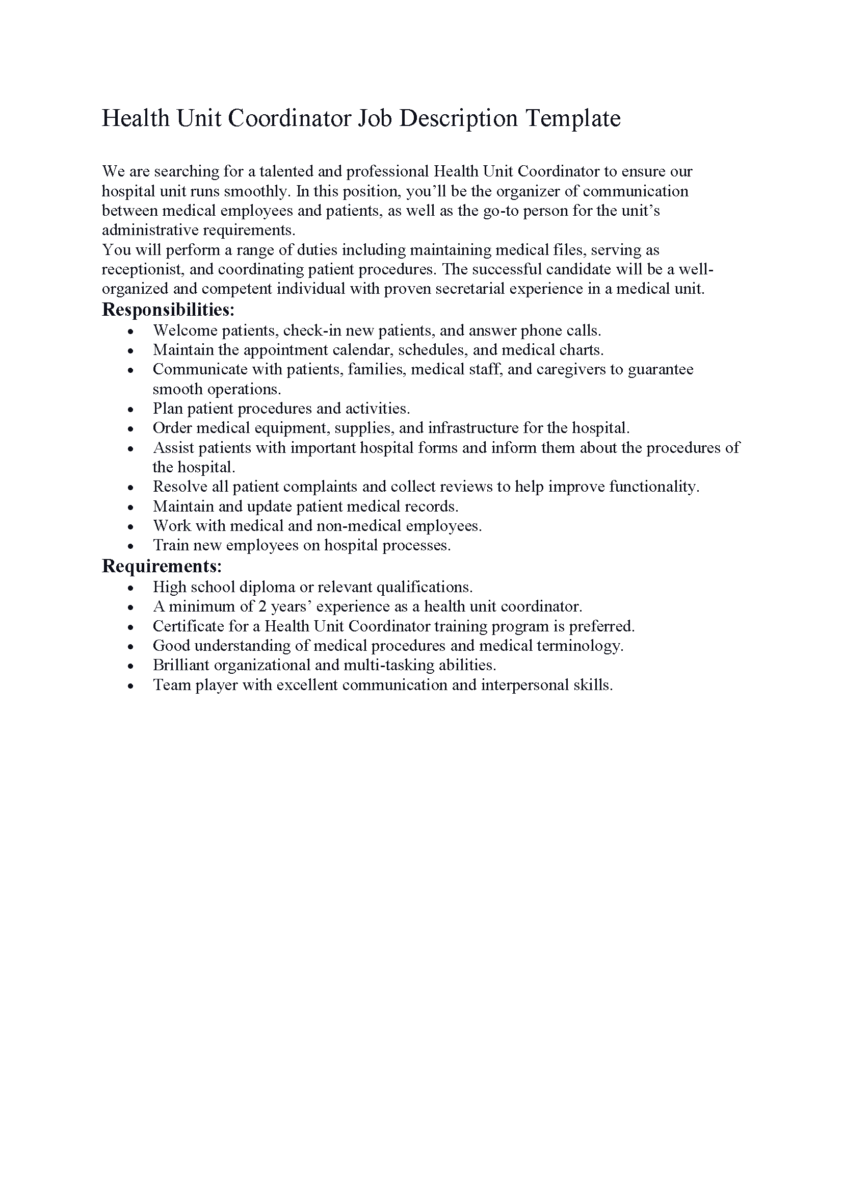 Health Unit Coordinator Job Description Template